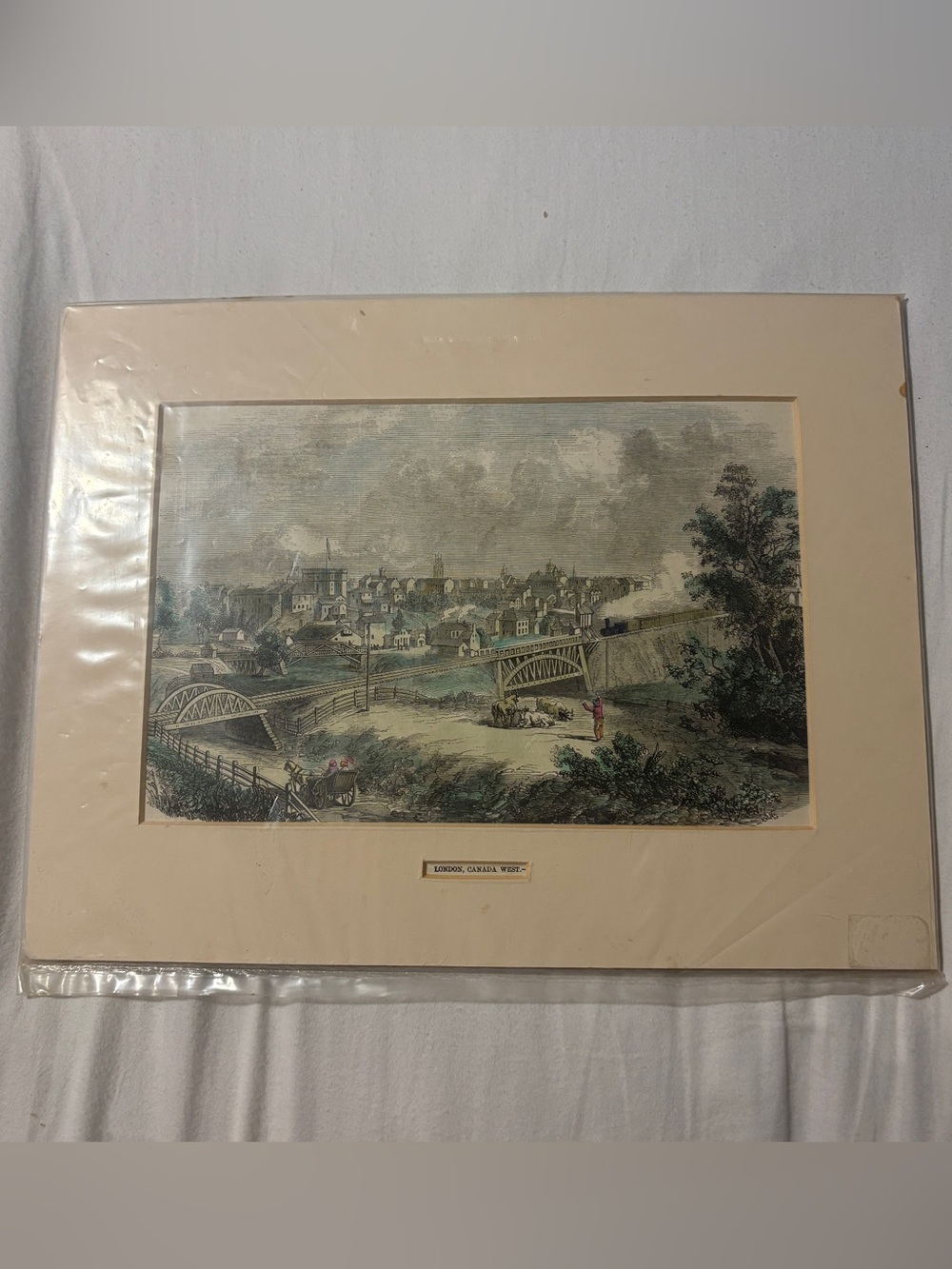 Antique Matted Wood Engraved London, Ontario, Canada 1856 Colour Print Picture